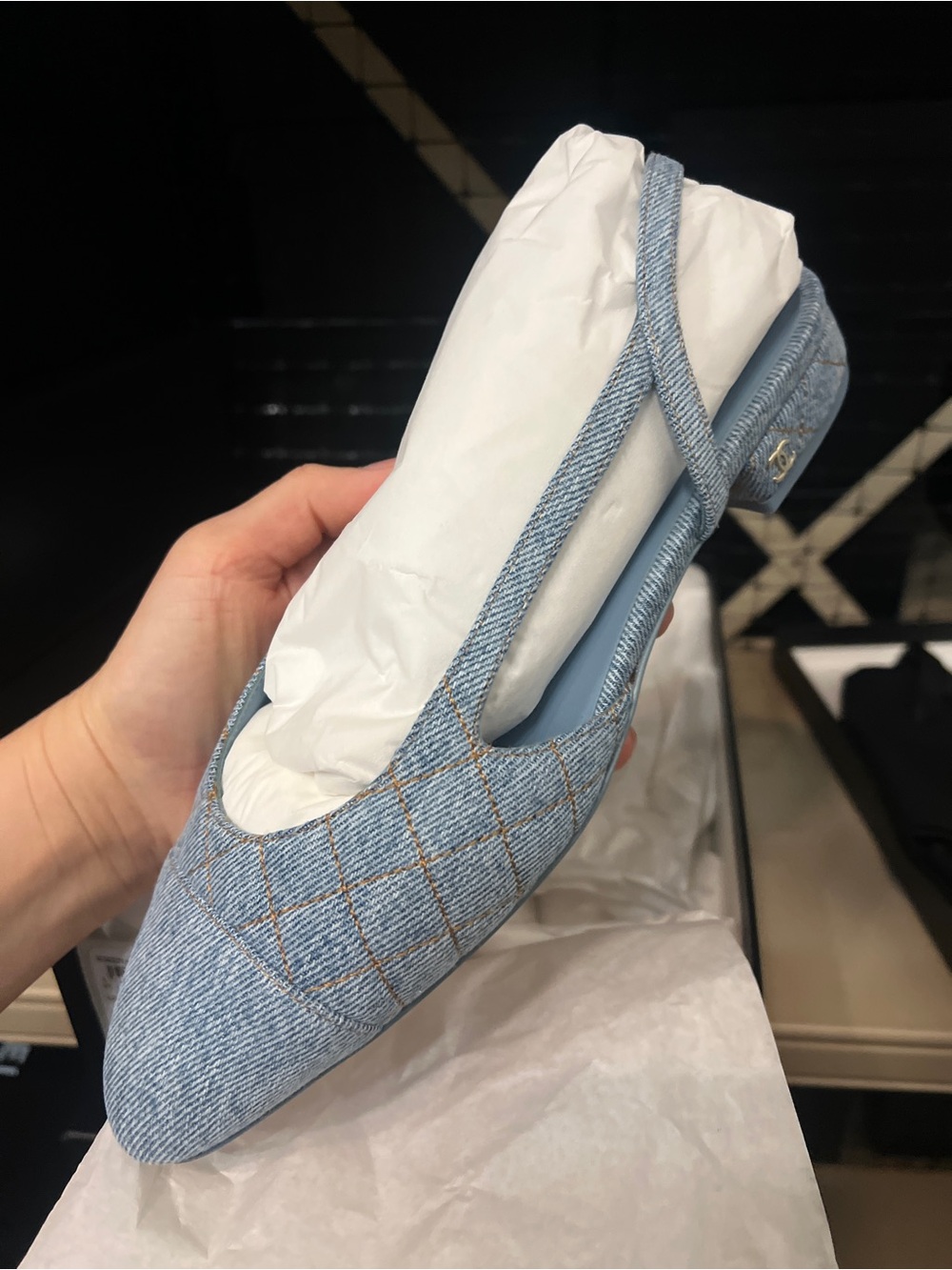 Chanel light blue denim gold tweed quilted slingbacks